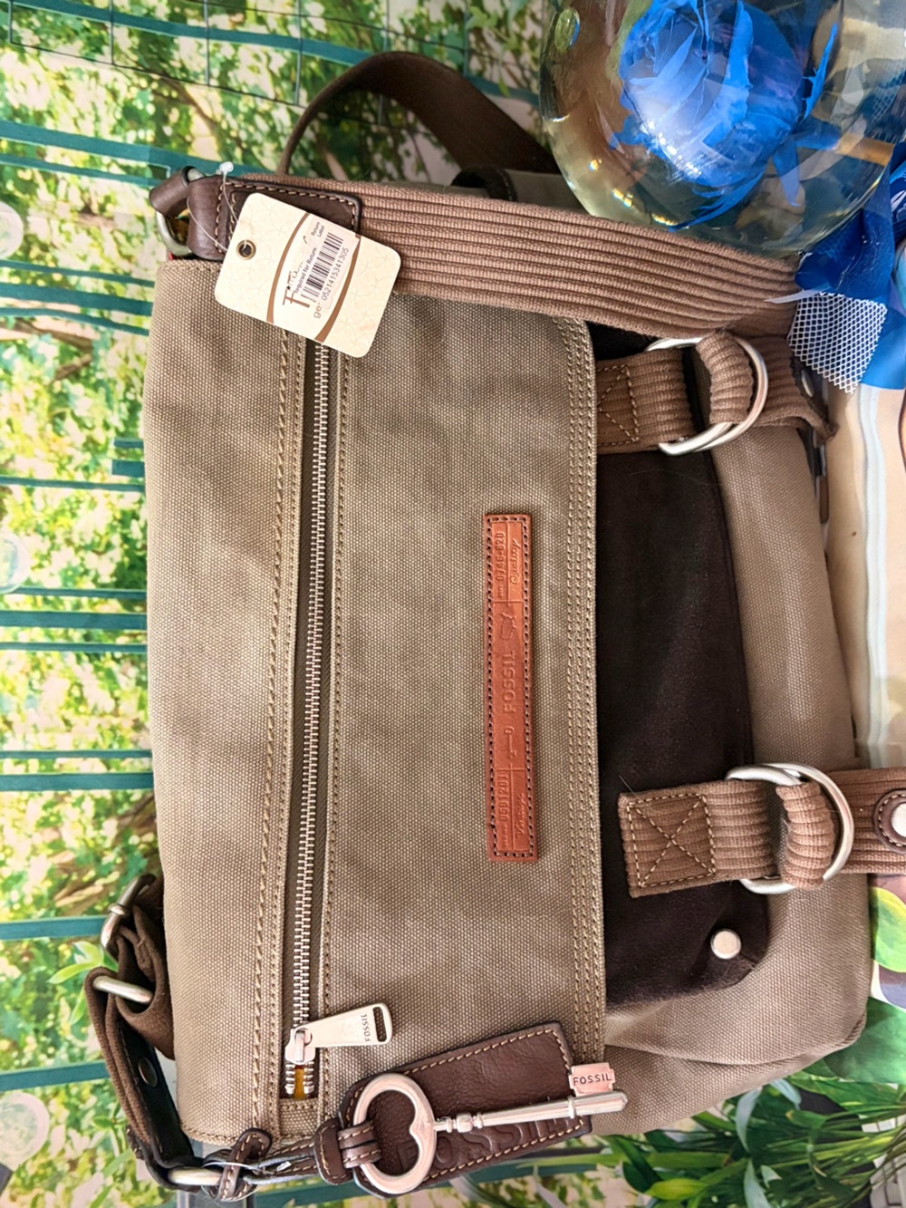 NWT Key Fossil Tan Canvas Messenger Bag in Suede Chocolate Brown